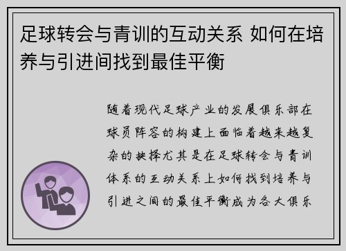 足球转会与青训的互动关系 如何在培养与引进间找到最佳平衡